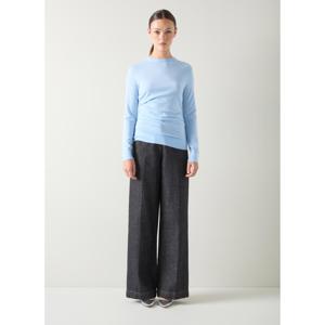 L.K. Bennett Dora Blue Plain Cotton Gathered Long Sleeve Top